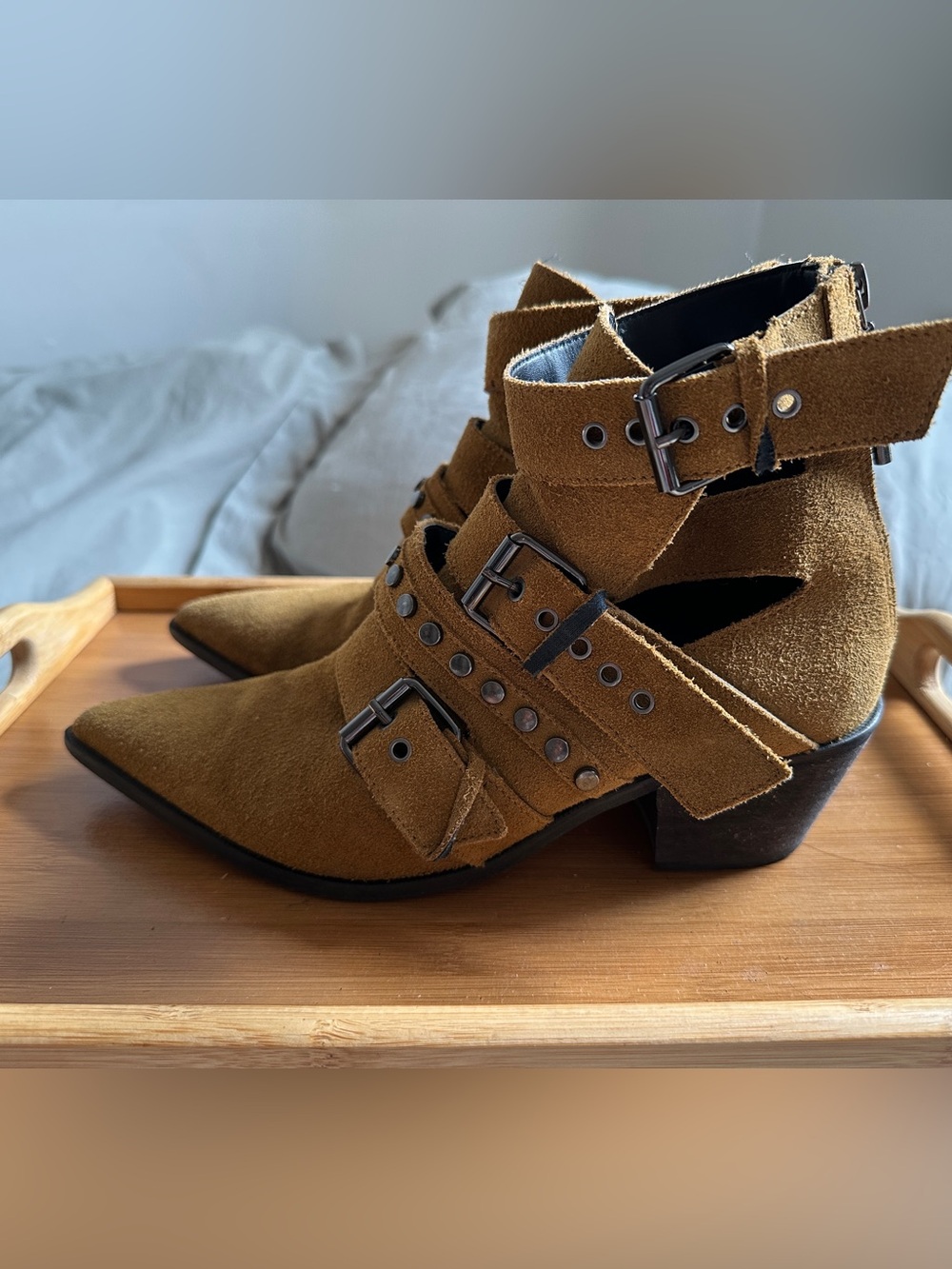 Zara Suede Buckle Ankle Boots in Brown